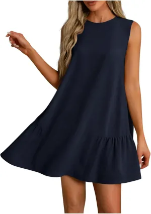 Summer Casual Sleeveless Tank Dresses for Women 2025 Crewneck Beach Vacation Sundresses A-Line Ruffle Hem Mini Dress