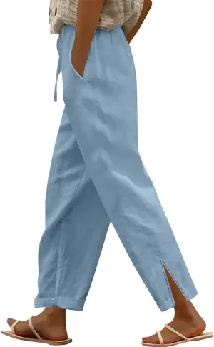 Summer Cotton Linen Pants for Women 2025 Casual Drawstring High Waisted Linen Beach Wide Leg Trousers with Pockets