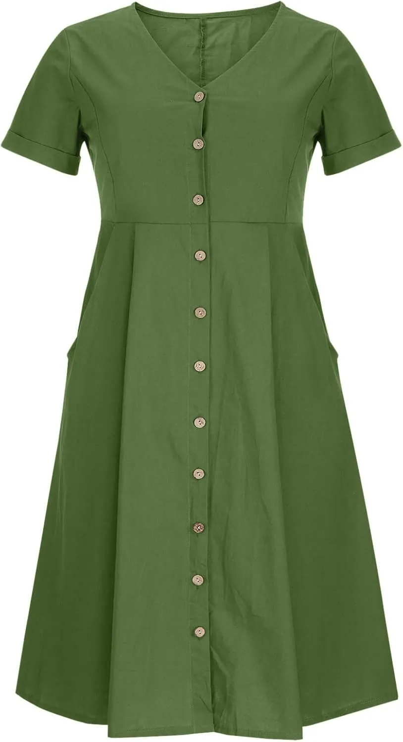 Summer Cotton Linen Shirt Dress Women Button Down V Neck Short Sleeve A-Line Dresses Casual Thin Flowy Midi Dress