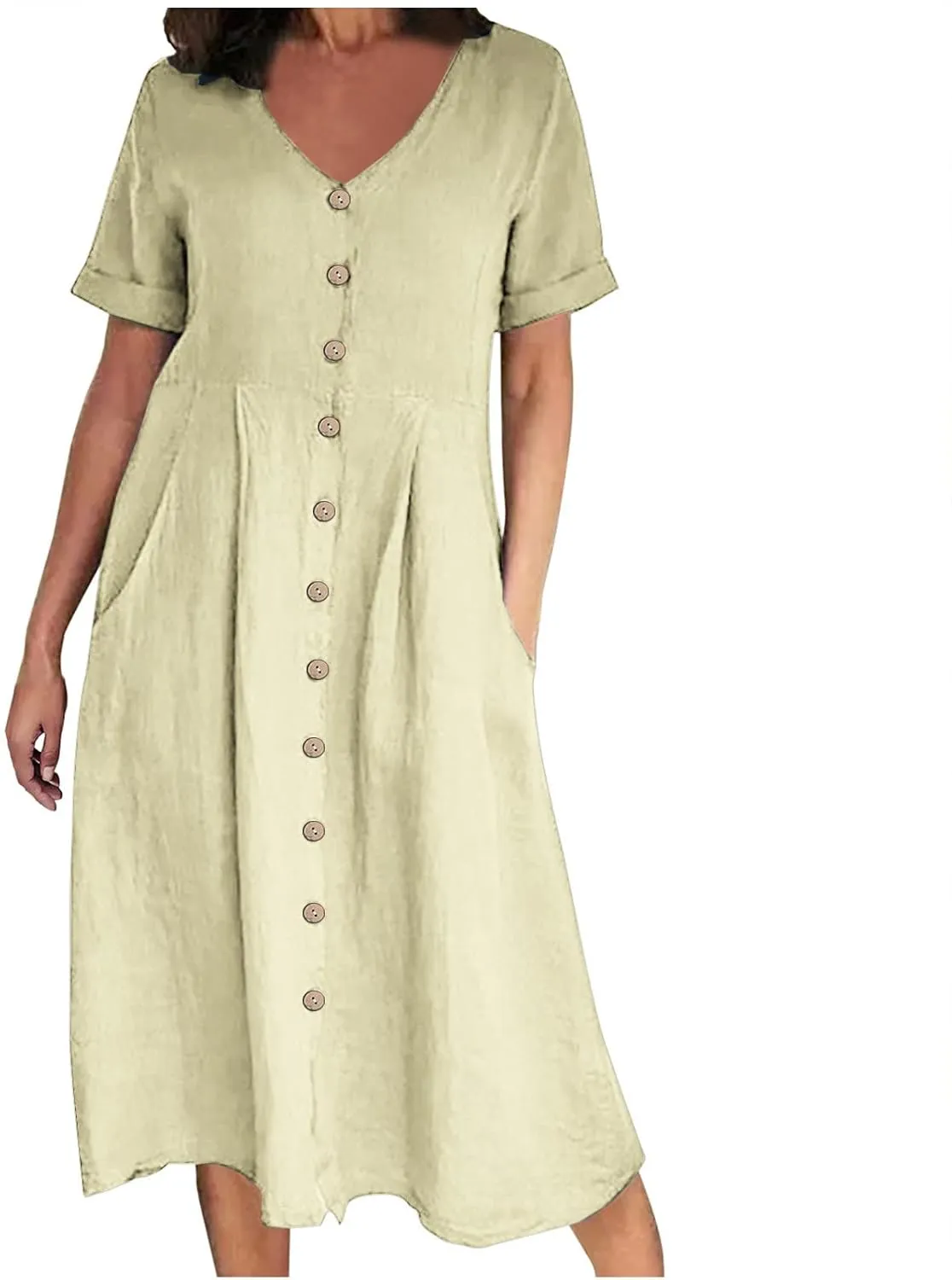 Summer Cotton Linen Shirt Dress Women Button Down V Neck Short Sleeve A-Line Dresses Casual Thin Flowy Midi Dress