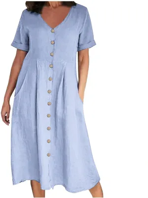 Summer Cotton Linen Shirt Dress Women Button Down V Neck Short Sleeve A-Line Dresses Casual Thin Flowy Midi Dress
