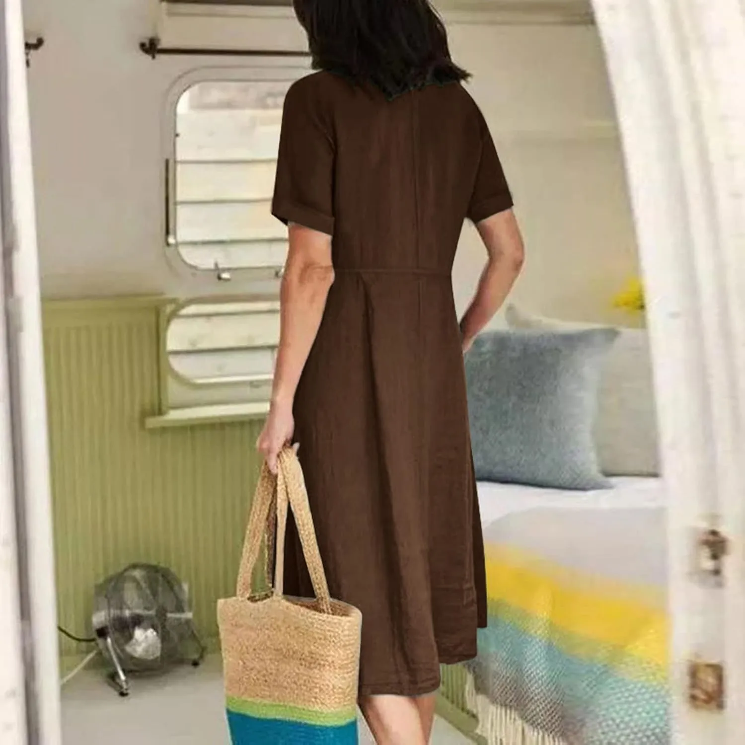 Summer Cotton Linen Shirt Dress Women Button Down V Neck Short Sleeve A-Line Dresses Casual Thin Flowy Midi Dress