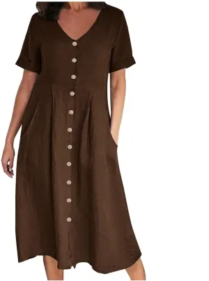 Summer Cotton Linen Shirt Dress Women Button Down V Neck Short Sleeve A-Line Dresses Casual Thin Flowy Midi Dress