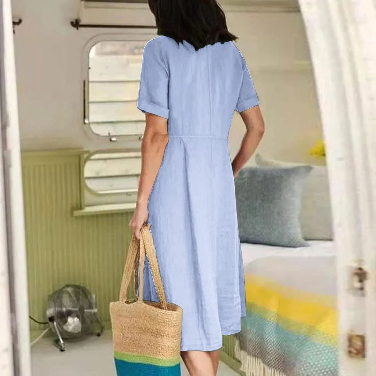 Summer Cotton Linen Shirt Dress Women Button Down V Neck Short Sleeve A-Line Dresses Casual Thin Flowy Midi Dress
