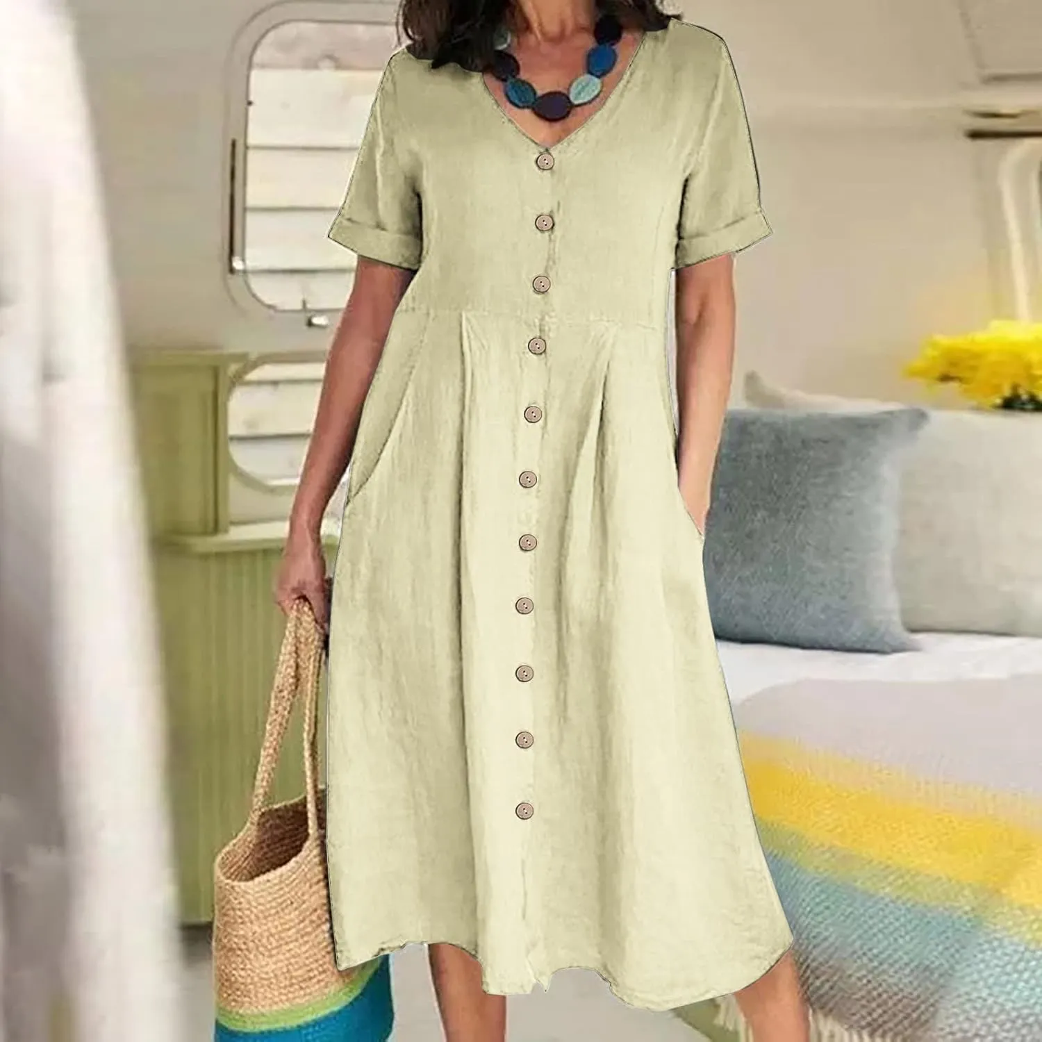 Summer Cotton Linen Shirt Dress Women Button Down V Neck Short Sleeve A-Line Dresses Casual Thin Flowy Midi Dress