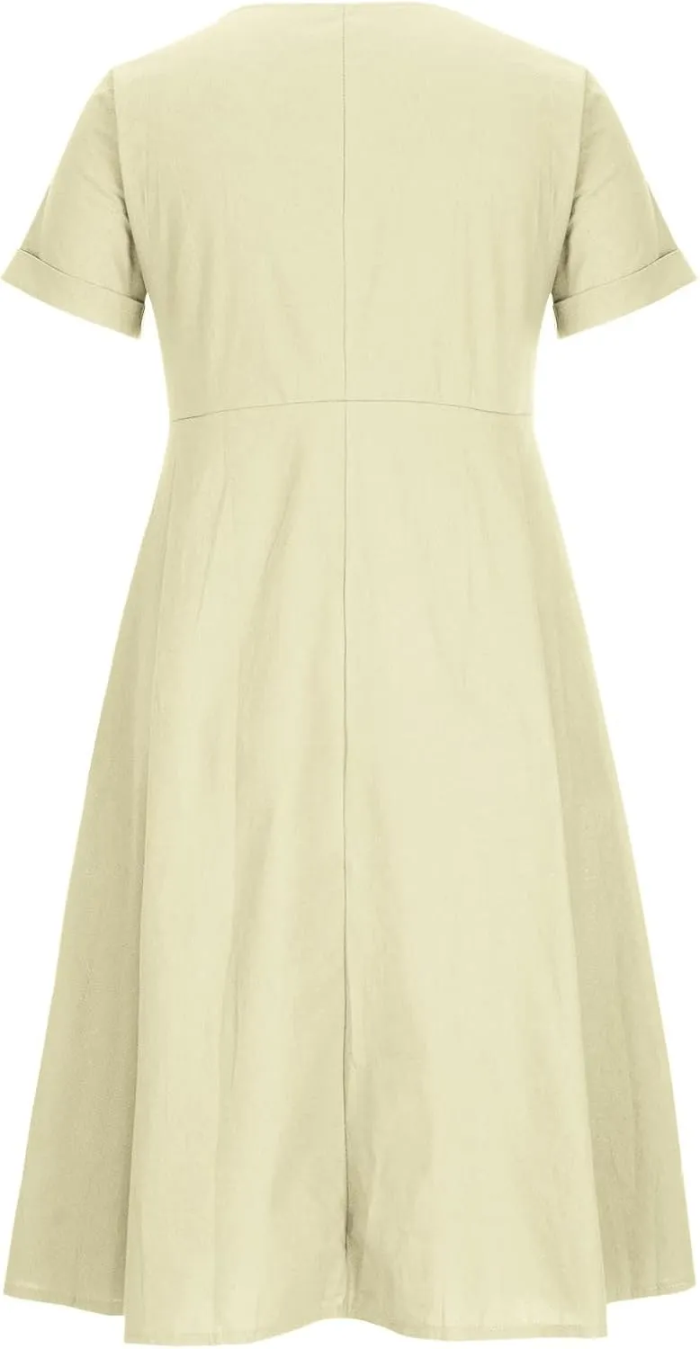 Summer Cotton Linen Shirt Dress Women Button Down V Neck Short Sleeve A-Line Dresses Casual Thin Flowy Midi Dress