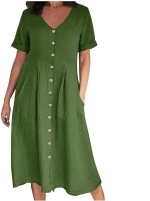 Summer Cotton Linen Shirt Dress Women Button Down V Neck Short Sleeve A-Line Dresses Casual Thin Flowy Midi Dress
