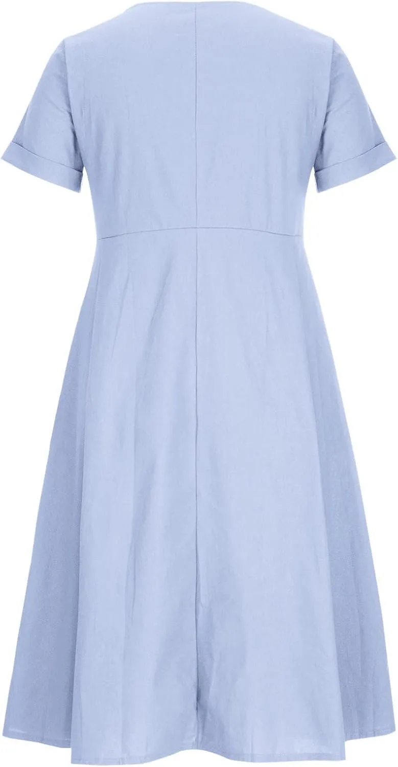 Summer Cotton Linen Shirt Dress Women Button Down V Neck Short Sleeve A-Line Dresses Casual Thin Flowy Midi Dress