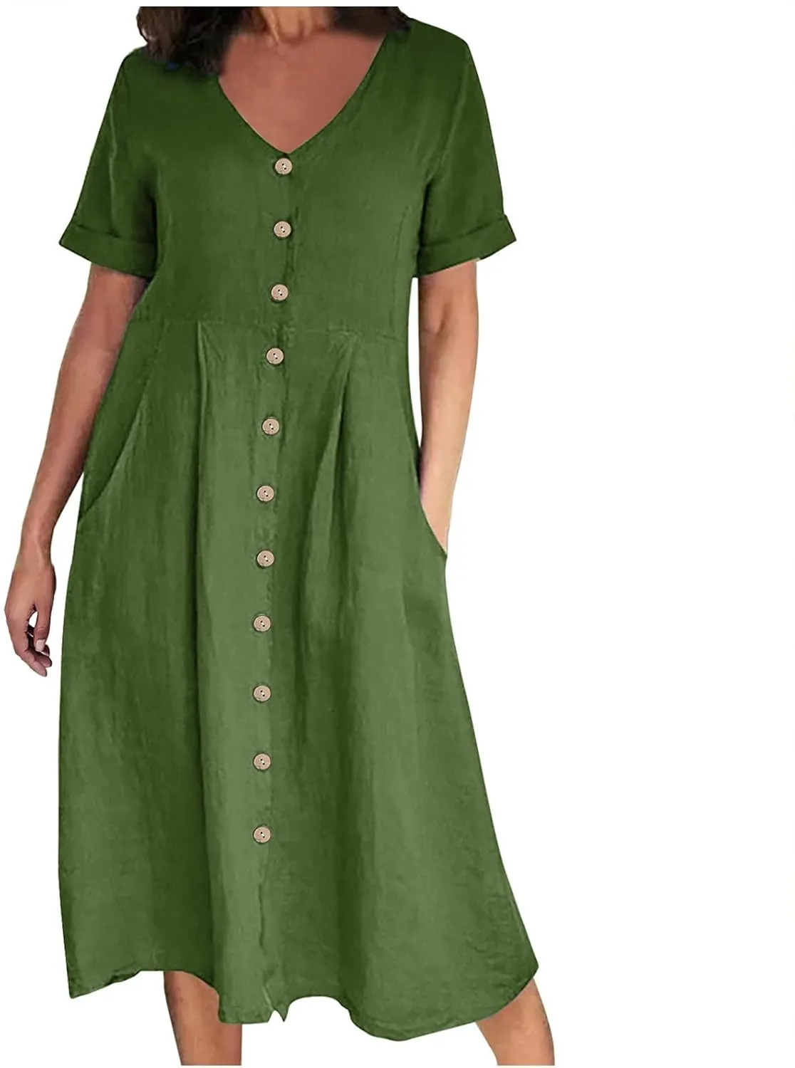 Summer Cotton Linen Shirt Dress Women Button Down V Neck Short Sleeve A-Line Dresses Casual Thin Flowy Midi Dress