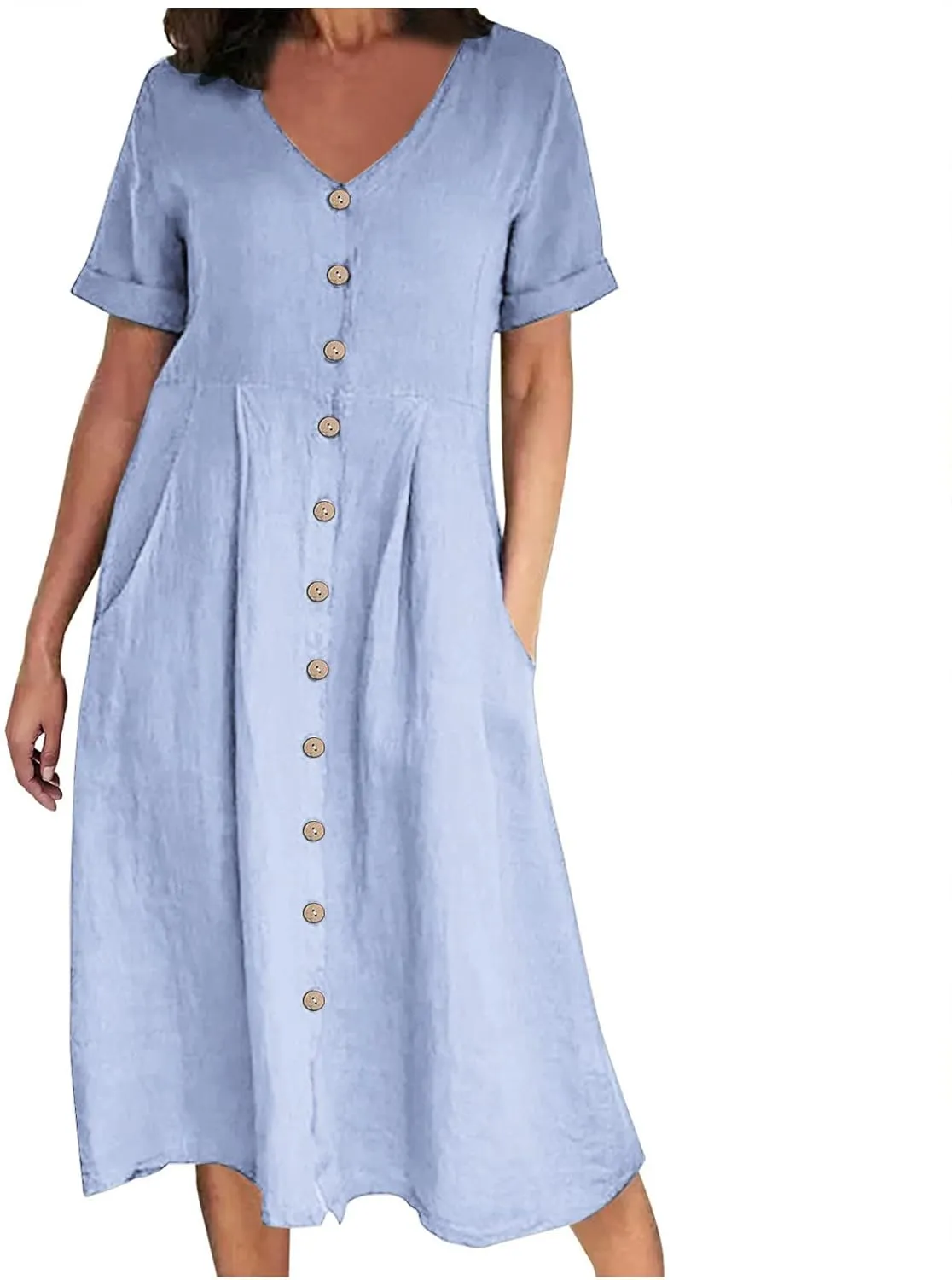 Summer Cotton Linen Shirt Dress Women Button Down V Neck Short Sleeve A-Line Dresses Casual Thin Flowy Midi Dress