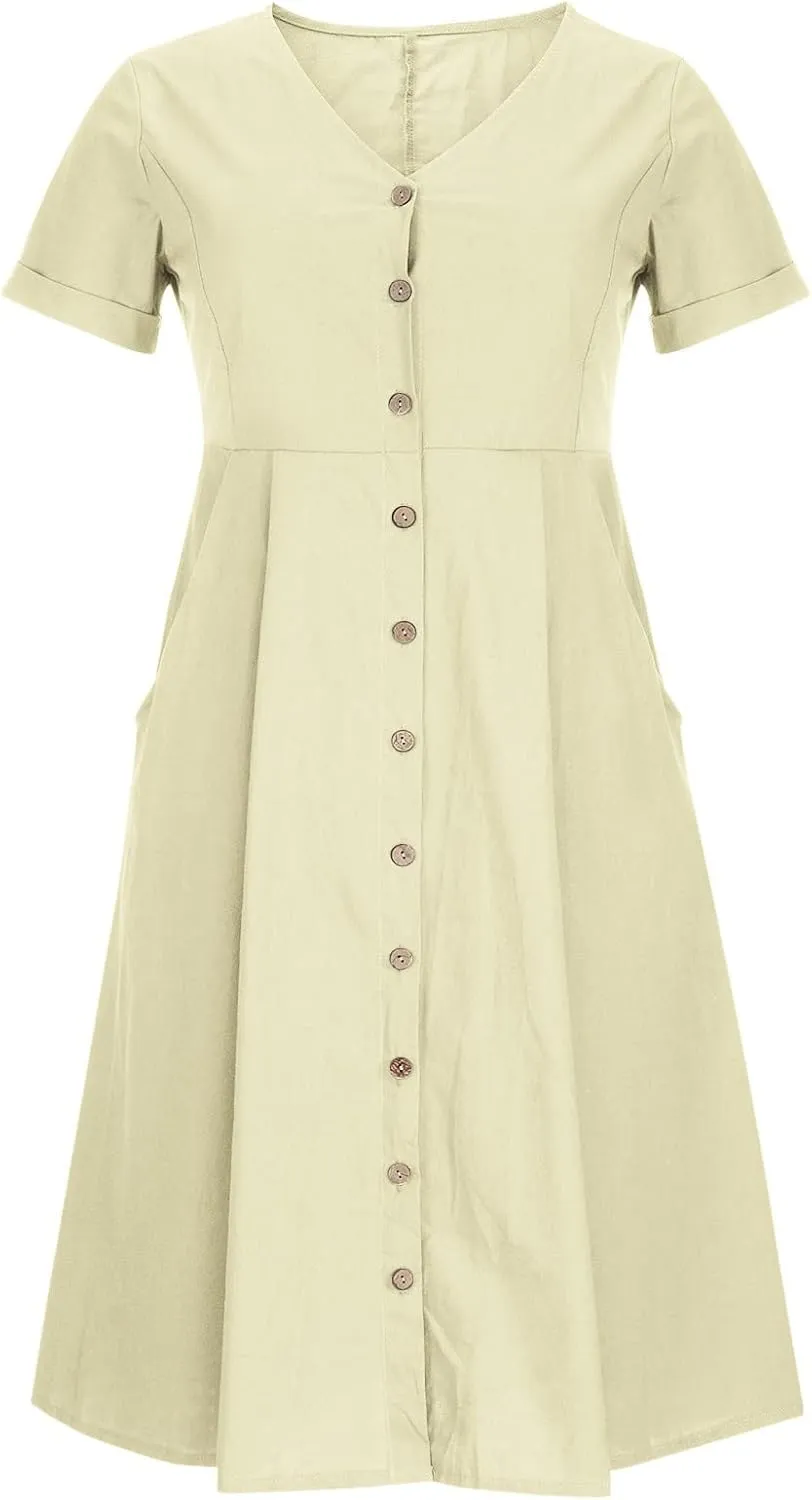 Summer Cotton Linen Shirt Dress Women Button Down V Neck Short Sleeve A-Line Dresses Casual Thin Flowy Midi Dress