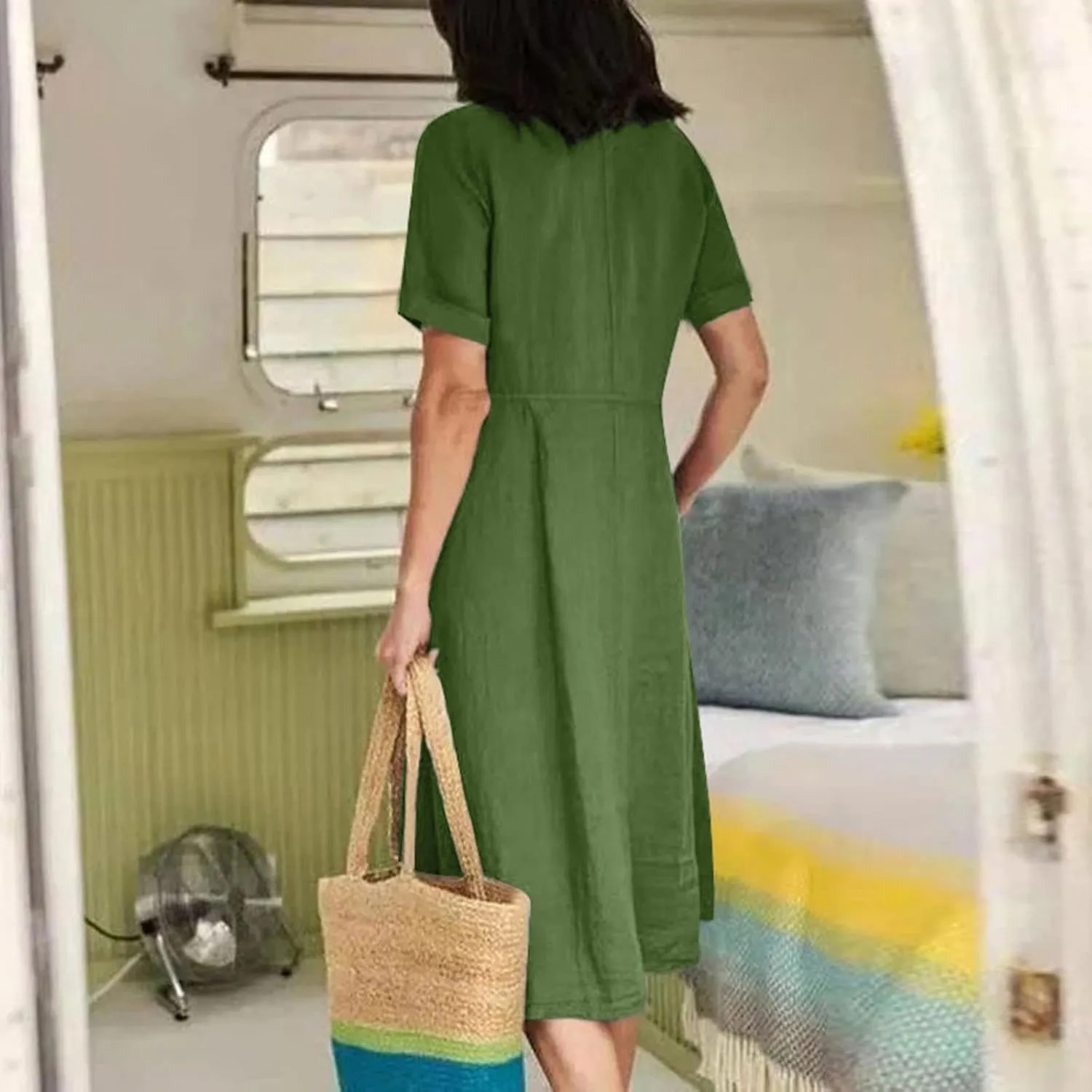 Summer Cotton Linen Shirt Dress Women Button Down V Neck Short Sleeve A-Line Dresses Casual Thin Flowy Midi Dress