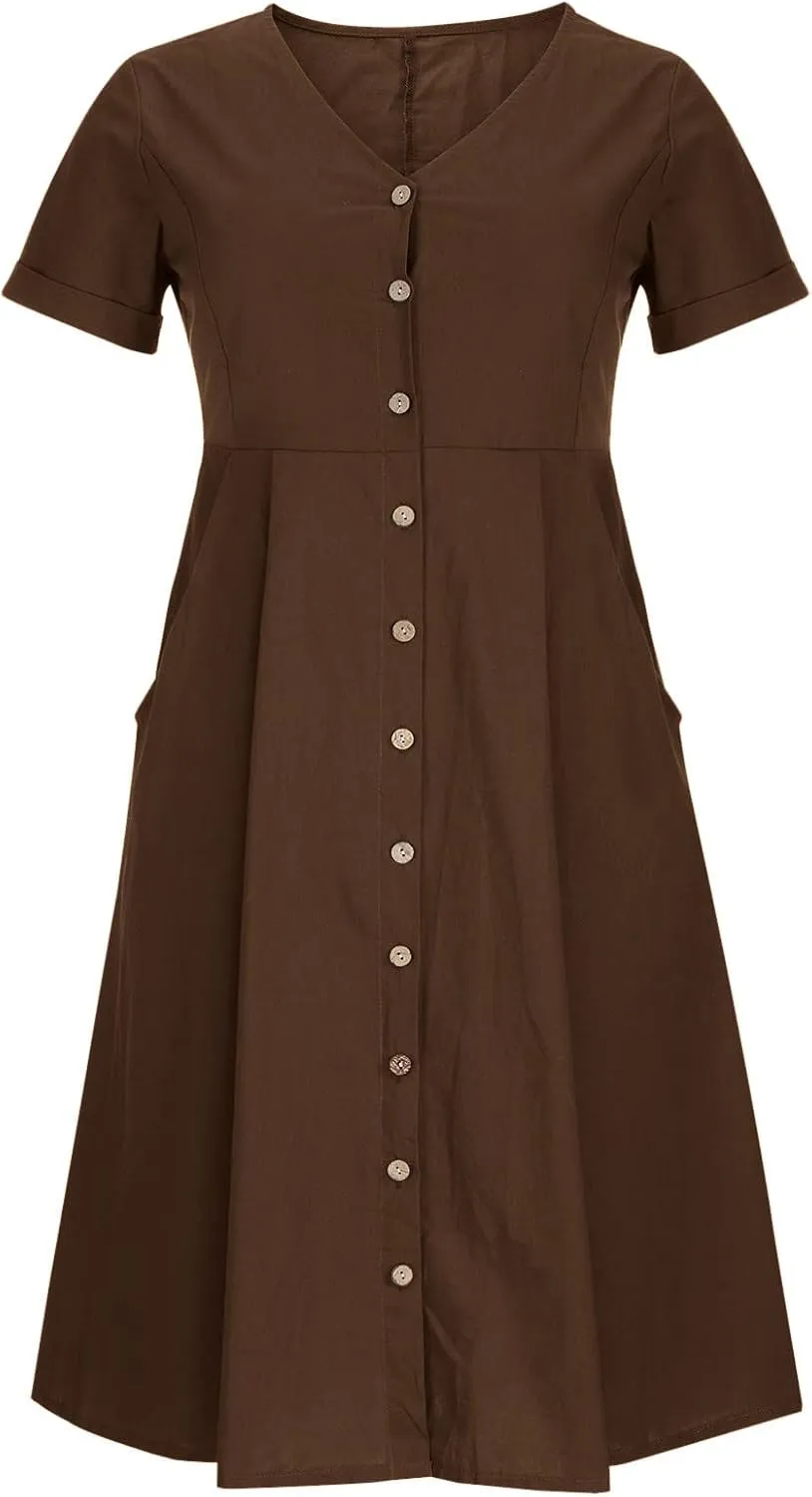 Summer Cotton Linen Shirt Dress Women Button Down V Neck Short Sleeve A-Line Dresses Casual Thin Flowy Midi Dress