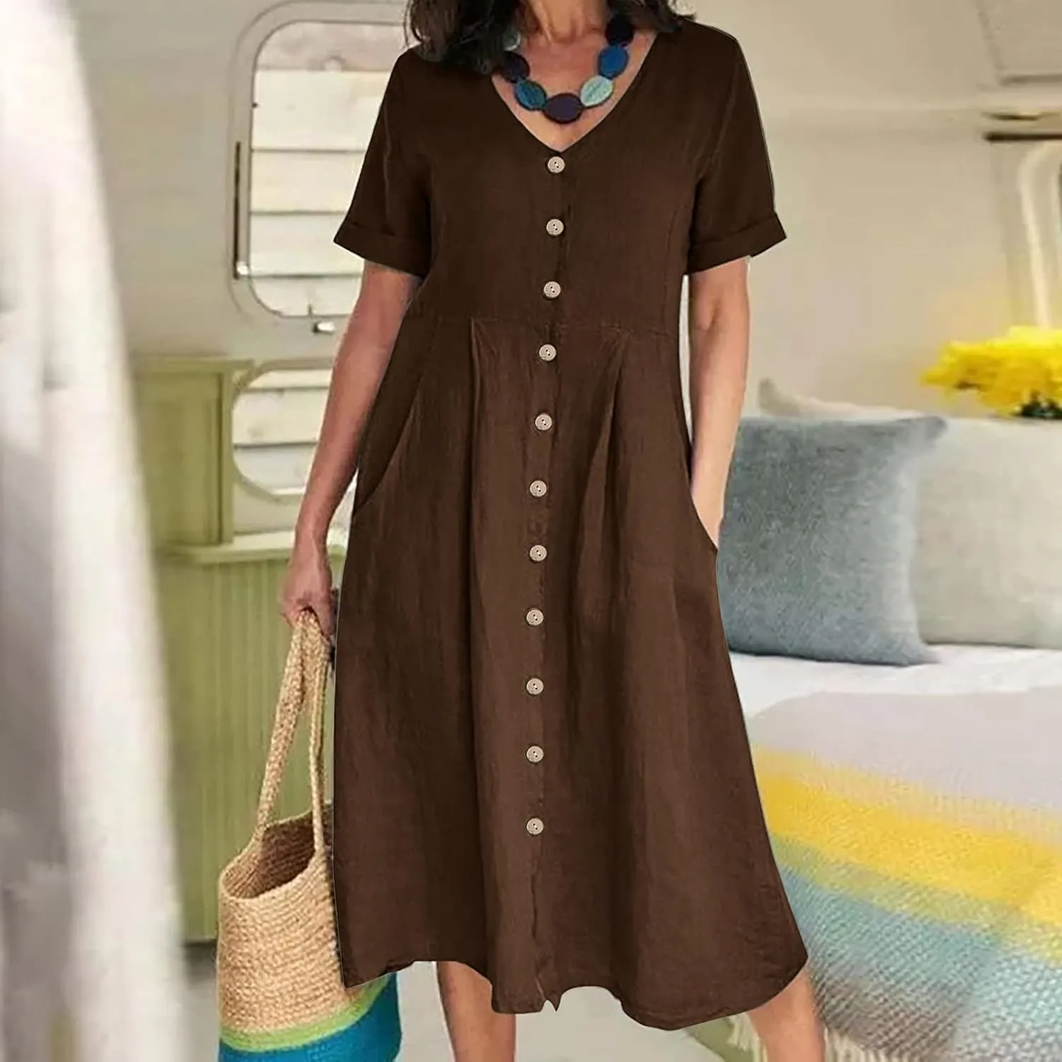 Summer Cotton Linen Shirt Dress Women Button Down V Neck Short Sleeve A-Line Dresses Casual Thin Flowy Midi Dress
