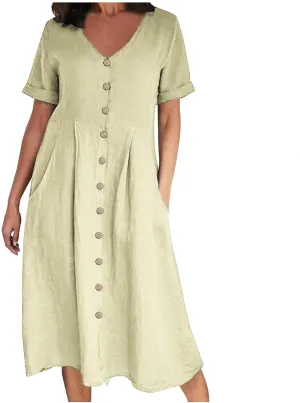 Summer Cotton Linen Shirt Dress Women Button Down V Neck Short Sleeve A-Line Dresses Casual Thin Flowy Midi Dress