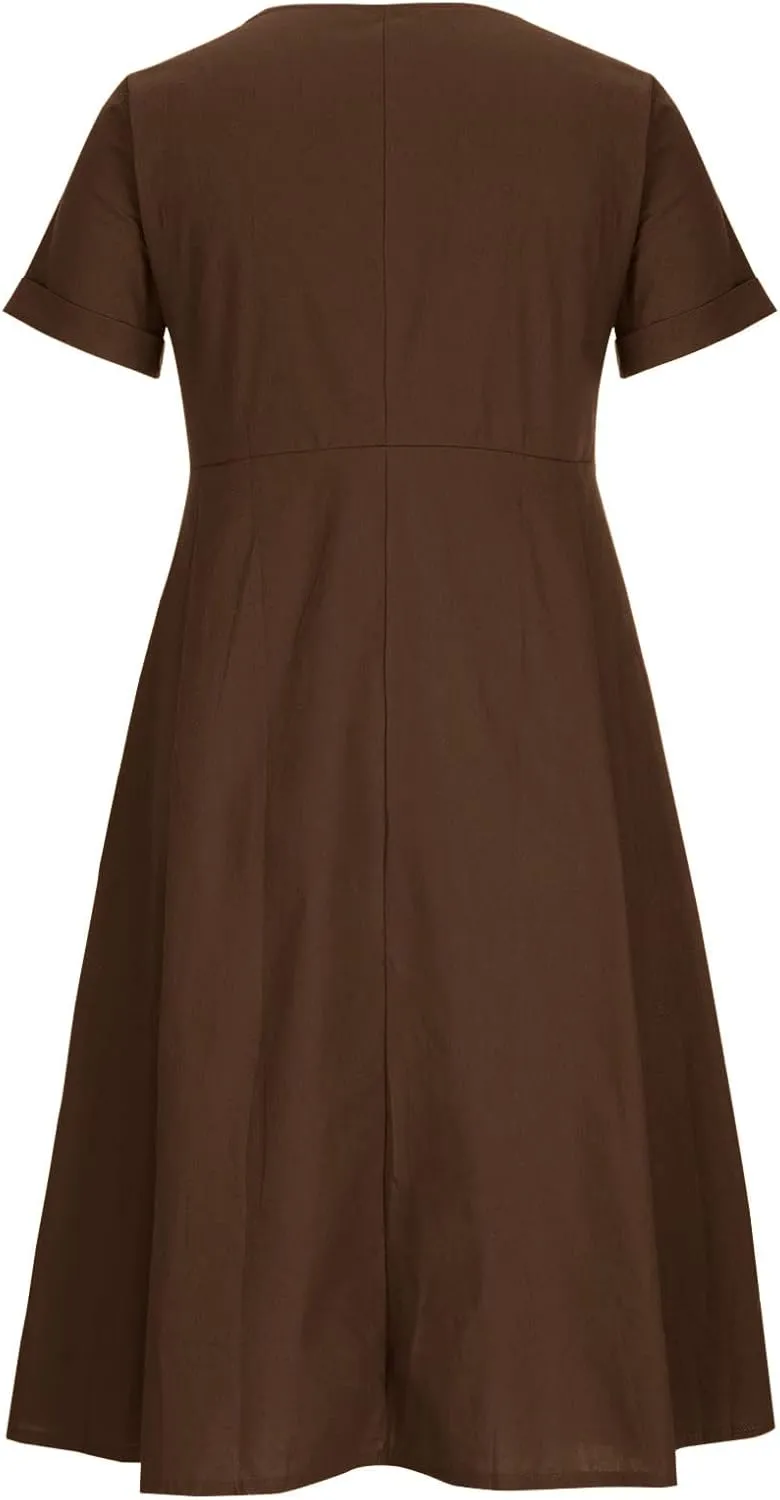 Summer Cotton Linen Shirt Dress Women Button Down V Neck Short Sleeve A-Line Dresses Casual Thin Flowy Midi Dress