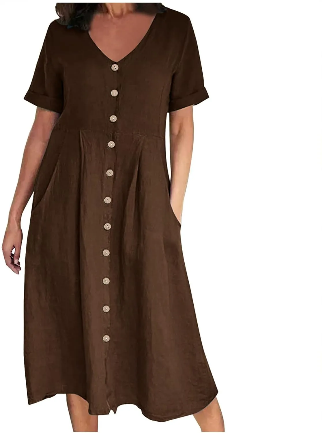 Summer Cotton Linen Shirt Dress Women Button Down V Neck Short Sleeve A-Line Dresses Casual Thin Flowy Midi Dress