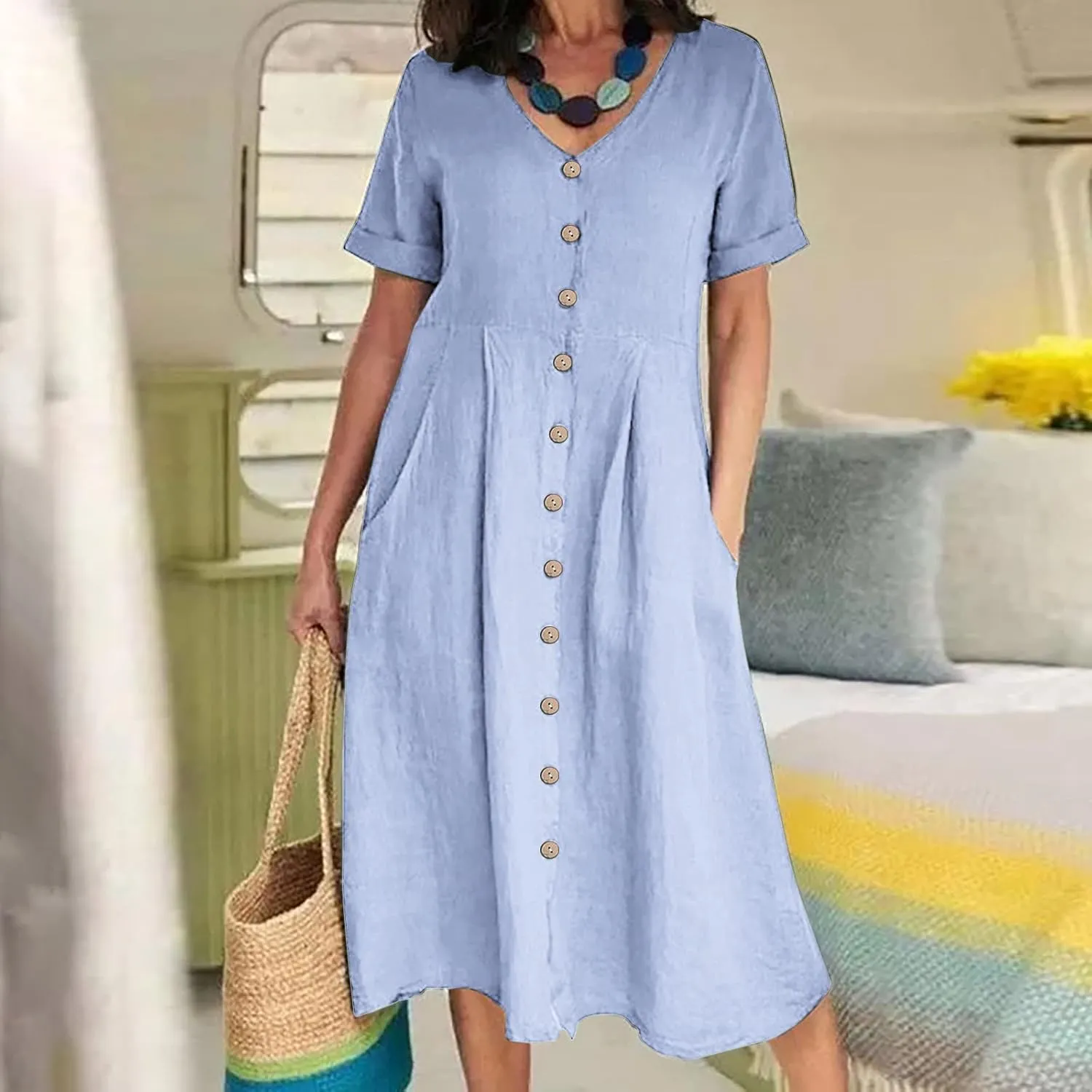 Summer Cotton Linen Shirt Dress Women Button Down V Neck Short Sleeve A-Line Dresses Casual Thin Flowy Midi Dress