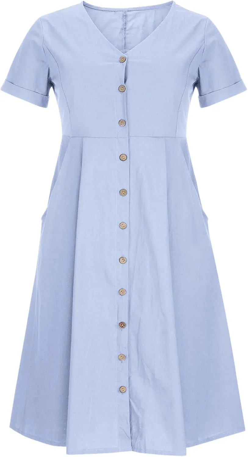 Summer Cotton Linen Shirt Dress Women Button Down V Neck Short Sleeve A-Line Dresses Casual Thin Flowy Midi Dress