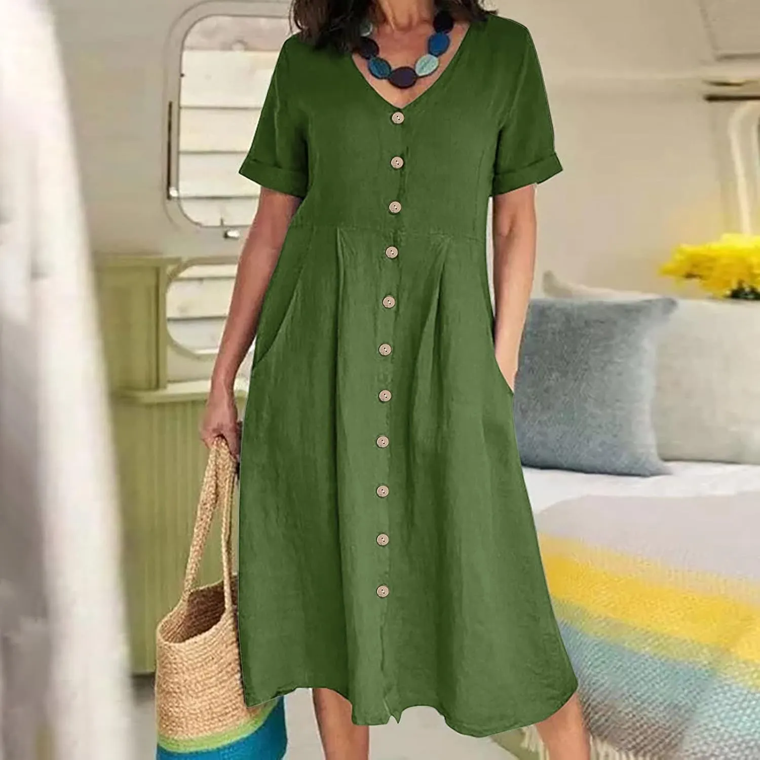 Summer Cotton Linen Shirt Dress Women Button Down V Neck Short Sleeve A-Line Dresses Casual Thin Flowy Midi Dress