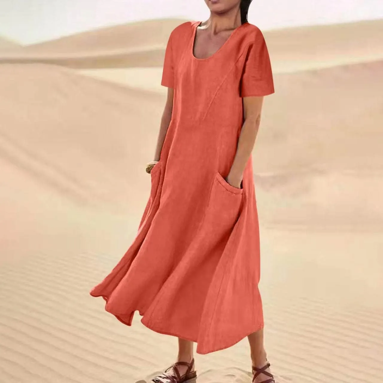 Summer Dresses for Women 2025 Flowy Cotton Linen Tshirt Dress Beach Vacation Maxi Short Sleeve Sundress with Pockets