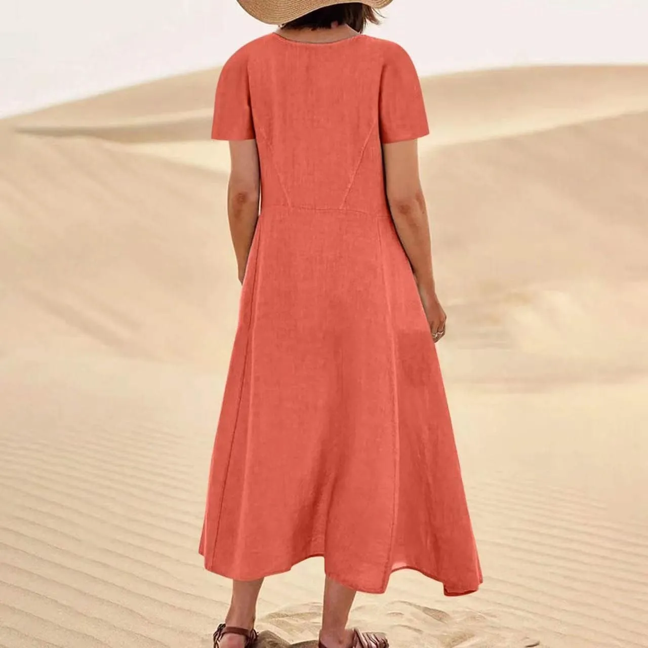 Summer Dresses for Women 2025 Flowy Cotton Linen Tshirt Dress Beach Vacation Maxi Short Sleeve Sundress with Pockets