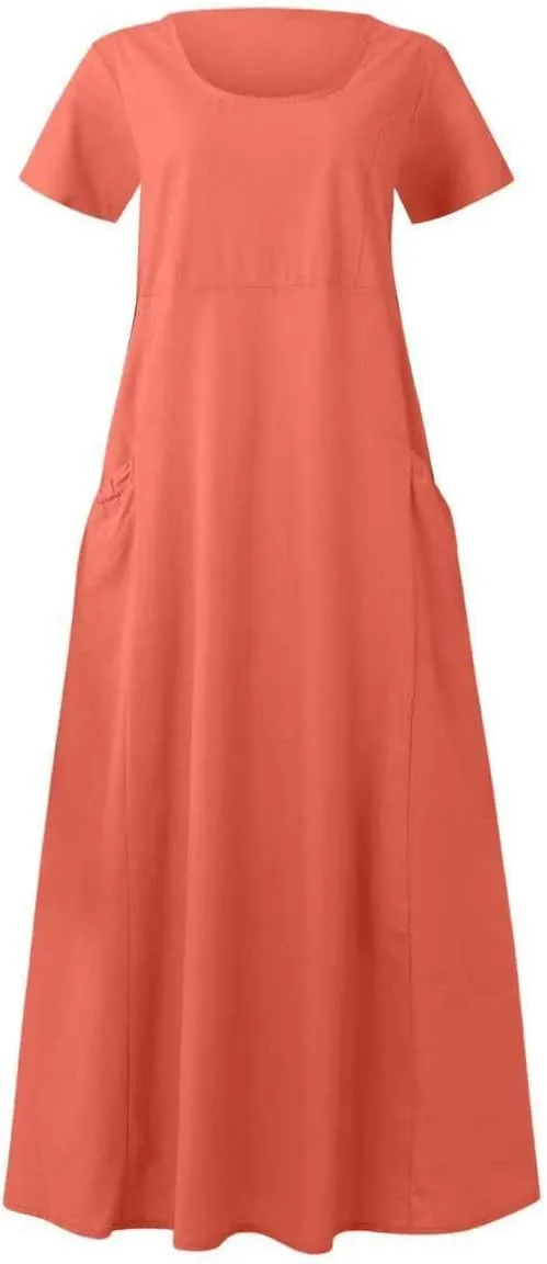 Summer Dresses for Women 2025 Flowy Cotton Linen Tshirt Dress Beach Vacation Maxi Short Sleeve Sundress with Pockets