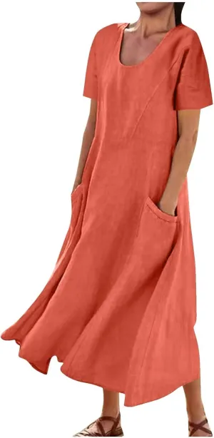 Summer Dresses for Women 2025 Flowy Cotton Linen Tshirt Dress Beach Vacation Maxi Short Sleeve Sundress with Pockets