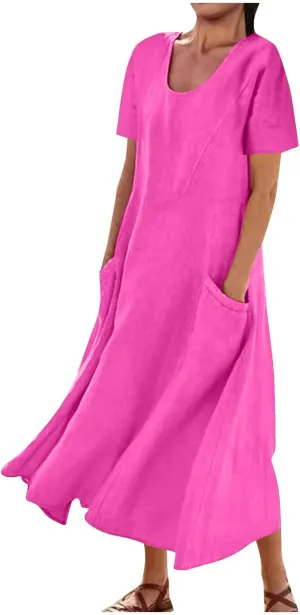 Summer Dresses for Women 2025 Flowy Cotton Linen Tshirt Dress Beach Vacation Maxi Short Sleeve Sundress with Pockets