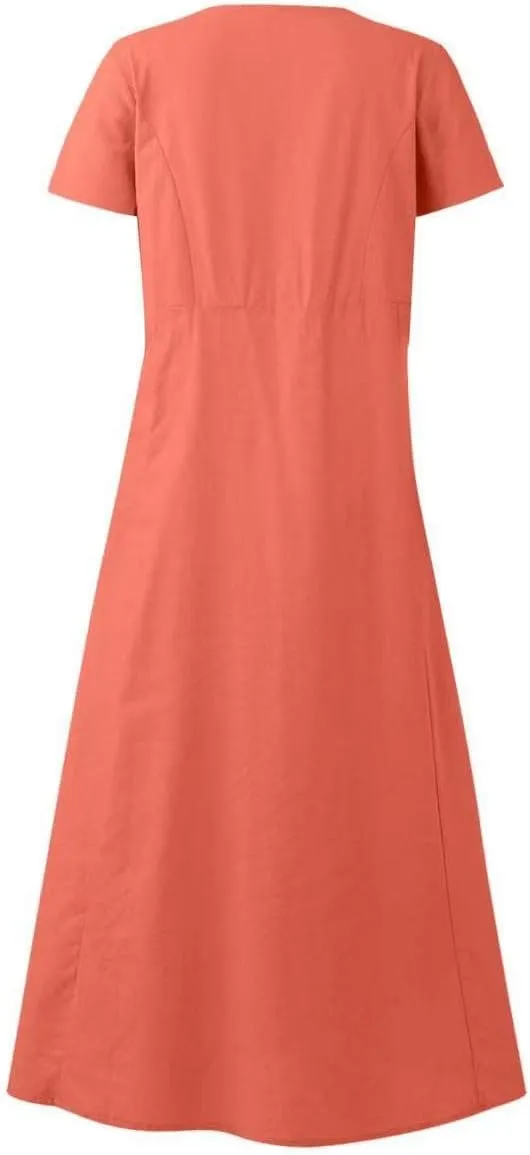 Summer Dresses for Women 2025 Flowy Cotton Linen Tshirt Dress Beach Vacation Maxi Short Sleeve Sundress with Pockets