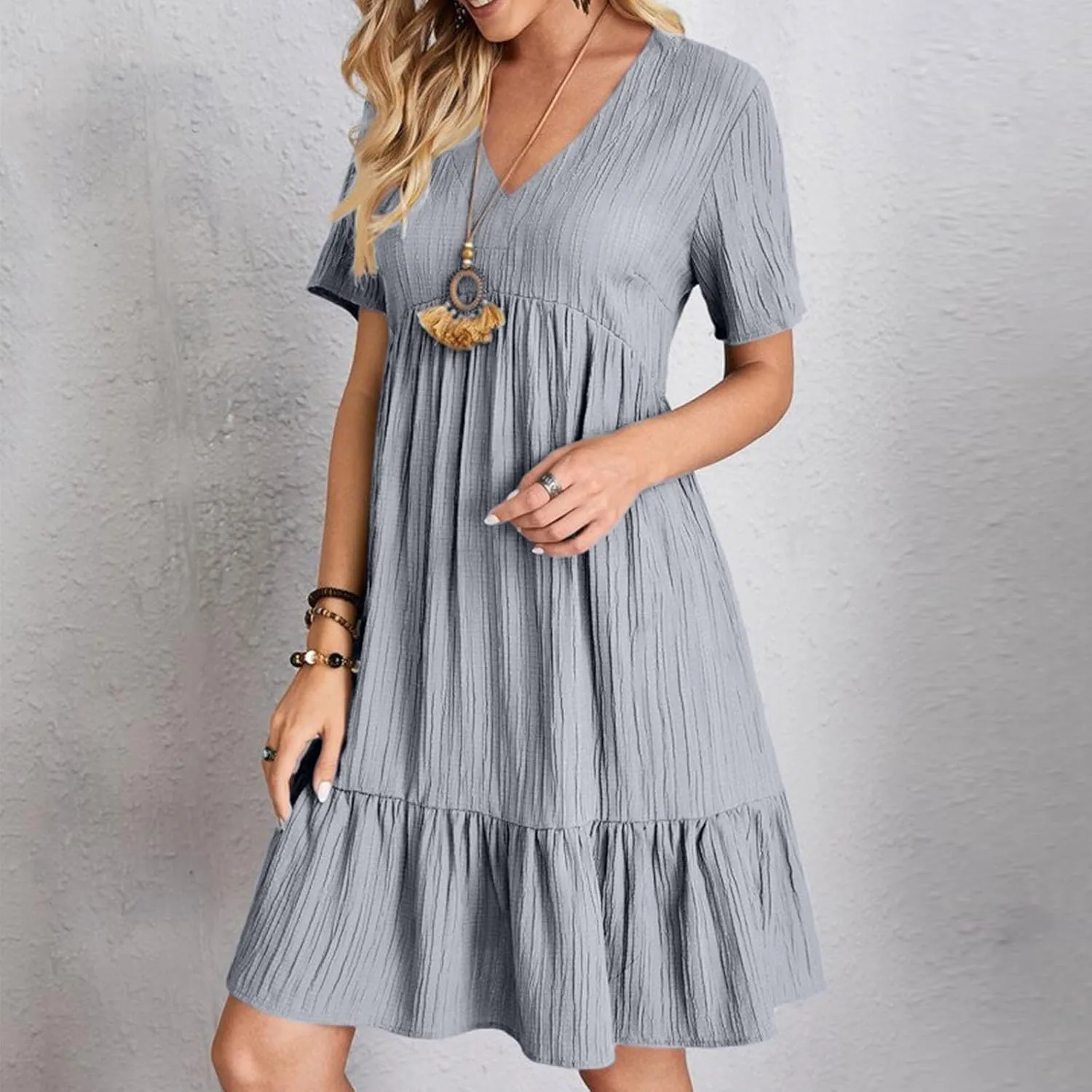 Summer Dresses for Women 2025 Plus Size Short Sleeve V Neck Mini Dress Casual Flowy Swing Boho Beach Vacation Dress