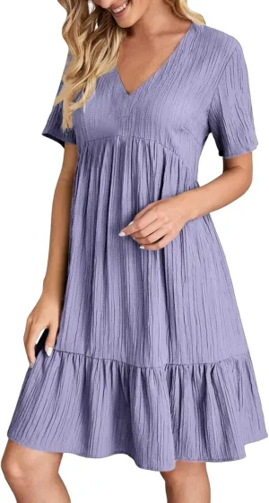 Summer Dresses for Women 2025 Plus Size Short Sleeve V Neck Mini Dress Casual Flowy Swing Boho Beach Vacation Dress