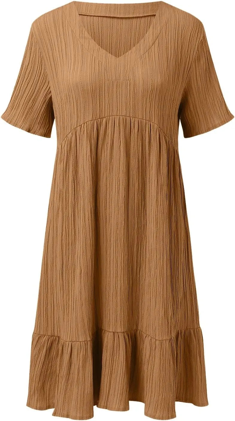 Summer Dresses for Women 2025 Vacation Short Sleeve V Neck Mini T Shirt Dress Pleated Flowy Ruffle Beach Sundress