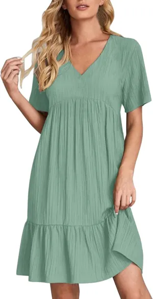 Summer Dresses for Women 2025 Vacation Short Sleeve V Neck Mini T Shirt Dress Pleated Flowy Ruffle Beach Sundress