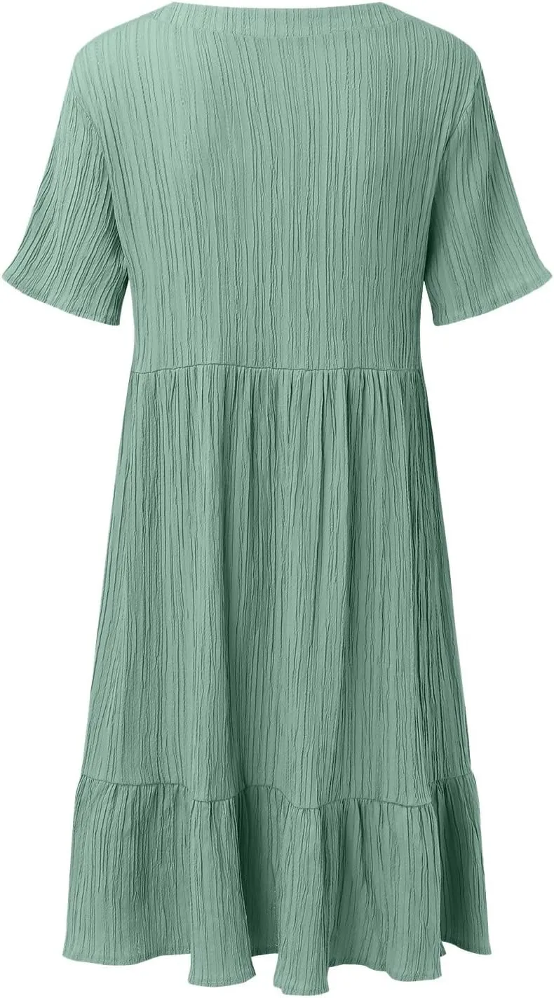 Summer Dresses for Women 2025 Vacation Short Sleeve V Neck Mini T Shirt Dress Pleated Flowy Ruffle Beach Sundress