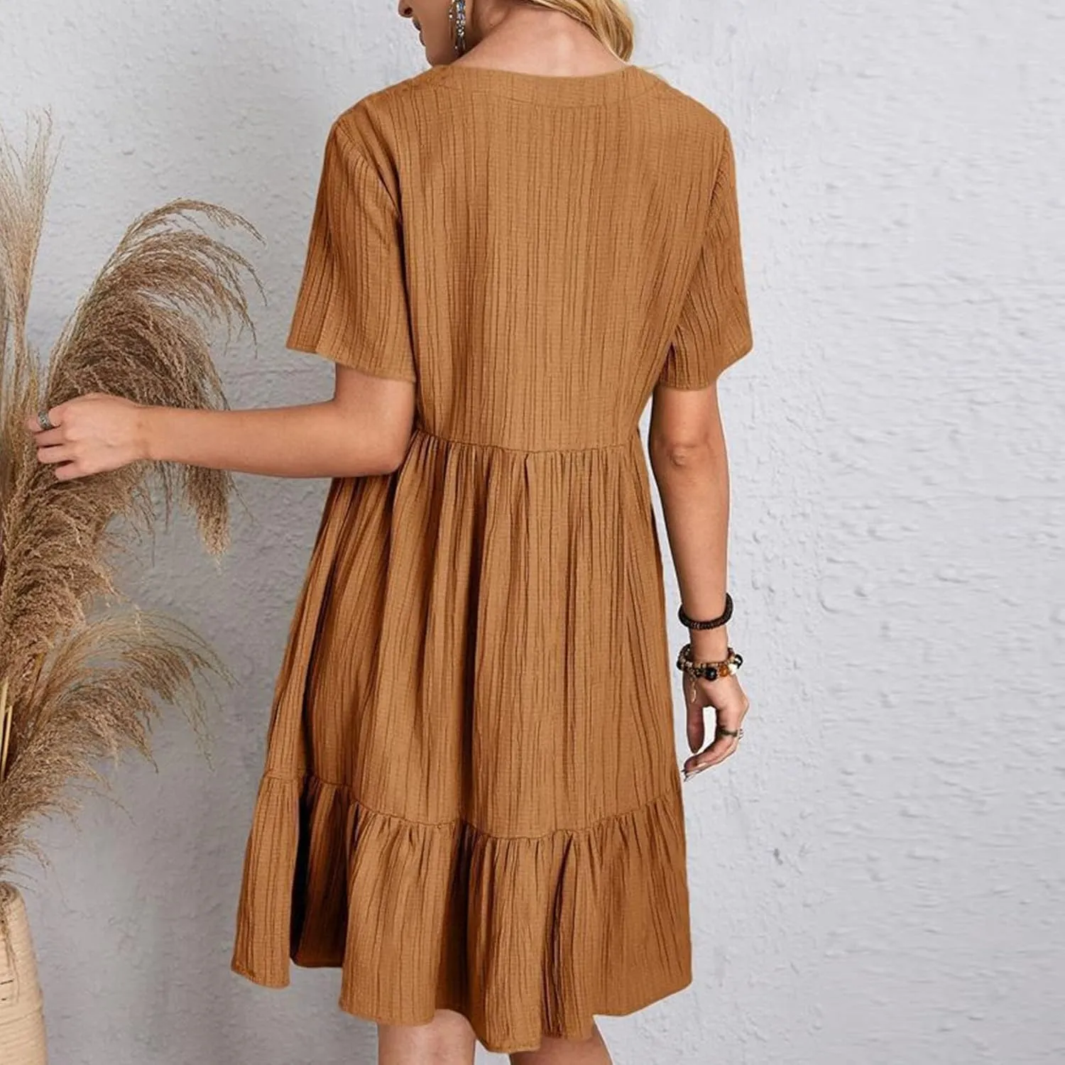 Summer Dresses for Women 2025 Vacation Short Sleeve V Neck Mini T Shirt Dress Pleated Flowy Ruffle Beach Sundress