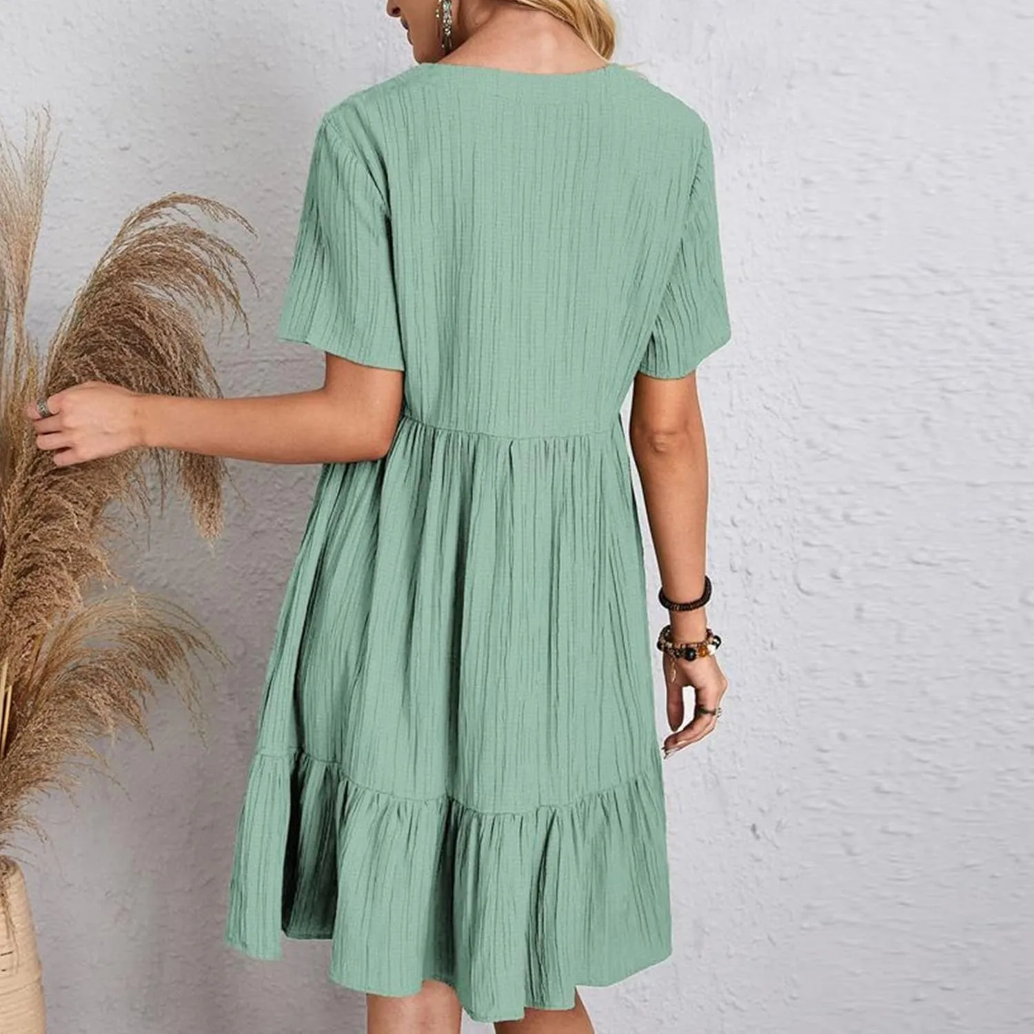 Summer Dresses for Women 2025 Vacation Short Sleeve V Neck Mini T Shirt Dress Pleated Flowy Ruffle Beach Sundress