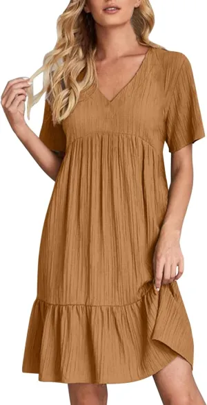 Summer Dresses for Women 2025 Vacation Short Sleeve V Neck Mini T Shirt Dress Pleated Flowy Ruffle Beach Sundress