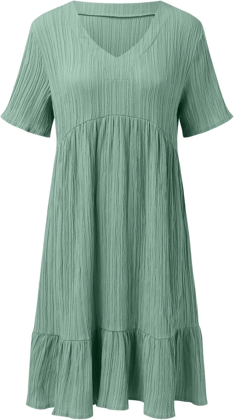 Summer Dresses for Women 2025 Vacation Short Sleeve V Neck Mini T Shirt Dress Pleated Flowy Ruffle Beach Sundress