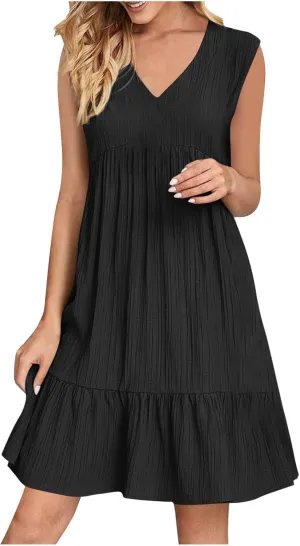 Summer Dresses for Women 2025,Flowy Petite Sun Dress Casyal V Neck A Line Beach Vacation Midi Dresses Trendy Outfits