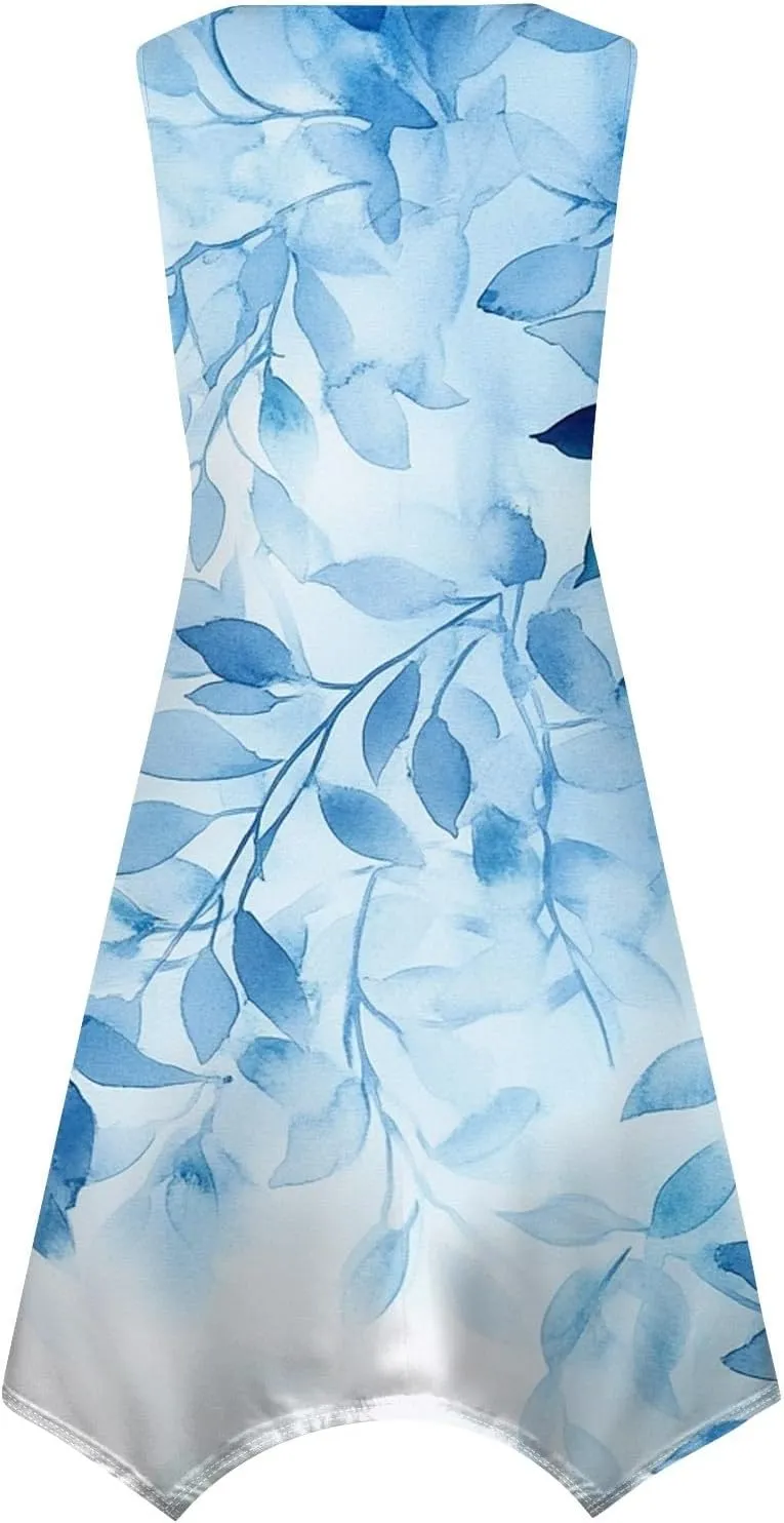 Summer Dresses for Women Summer Floral Flowy Sundresses Casual Beach Midi Tank Dresses Hankerchief Hem Sleeveless Dress