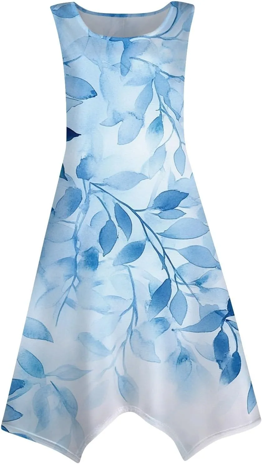 Summer Dresses for Women Summer Floral Flowy Sundresses Casual Beach Midi Tank Dresses Hankerchief Hem Sleeveless Dress