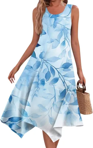 Summer Dresses for Women Summer Floral Flowy Sundresses Casual Beach Midi Tank Dresses Hankerchief Hem Sleeveless Dress