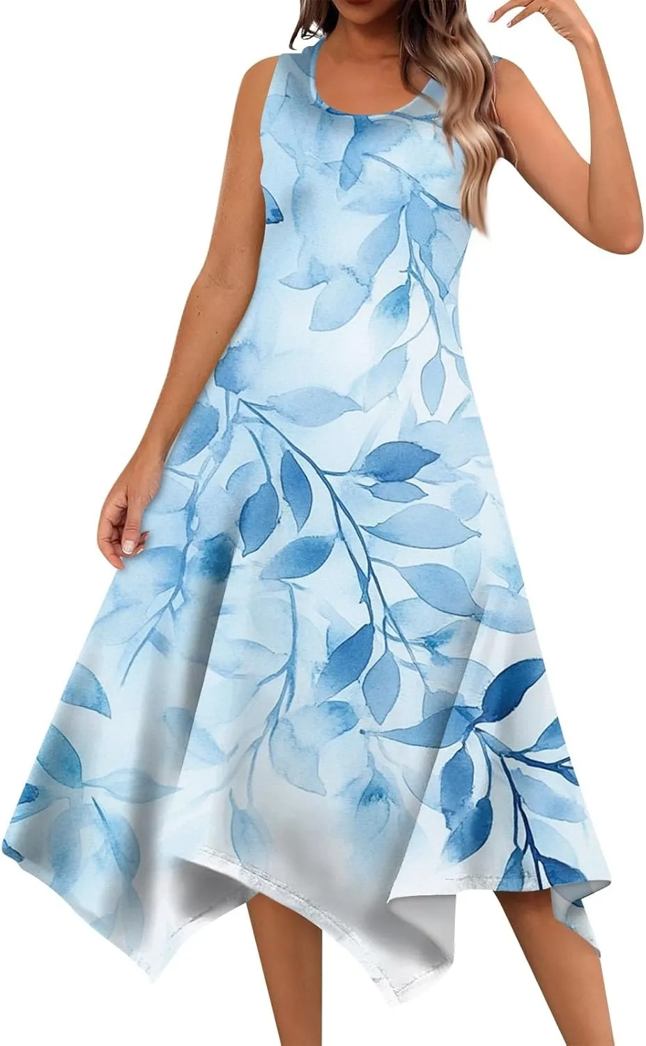 Summer Dresses for Women Summer Floral Flowy Sundresses Casual Beach Midi Tank Dresses Hankerchief Hem Sleeveless Dress