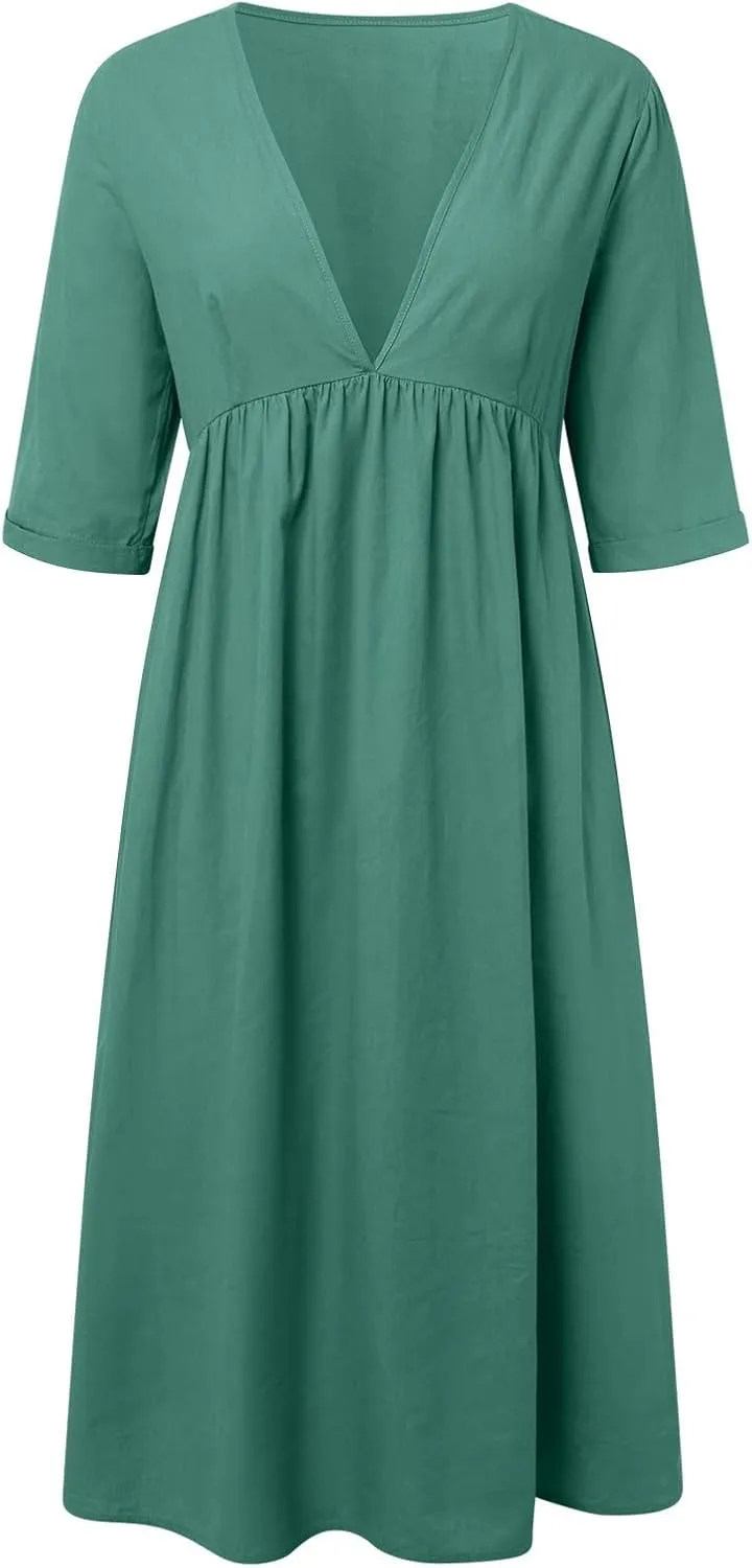 Sun Dresses for Women 2025 Summer Deep V Neck Drees Short Sleeve Boho Sundress Flowy Denim Maxi Dresses with Pockets