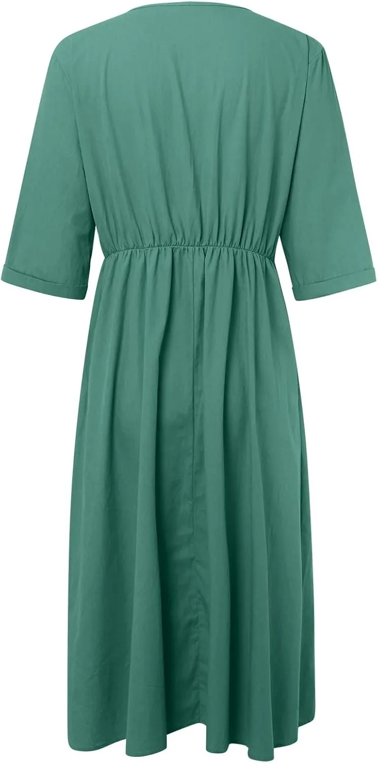 Sun Dresses for Women 2025 Summer Deep V Neck Drees Short Sleeve Boho Sundress Flowy Denim Maxi Dresses with Pockets