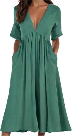 Sun Dresses for Women 2025 Summer Deep V Neck Drees Short Sleeve Boho Sundress Flowy Denim Maxi Dresses with Pockets