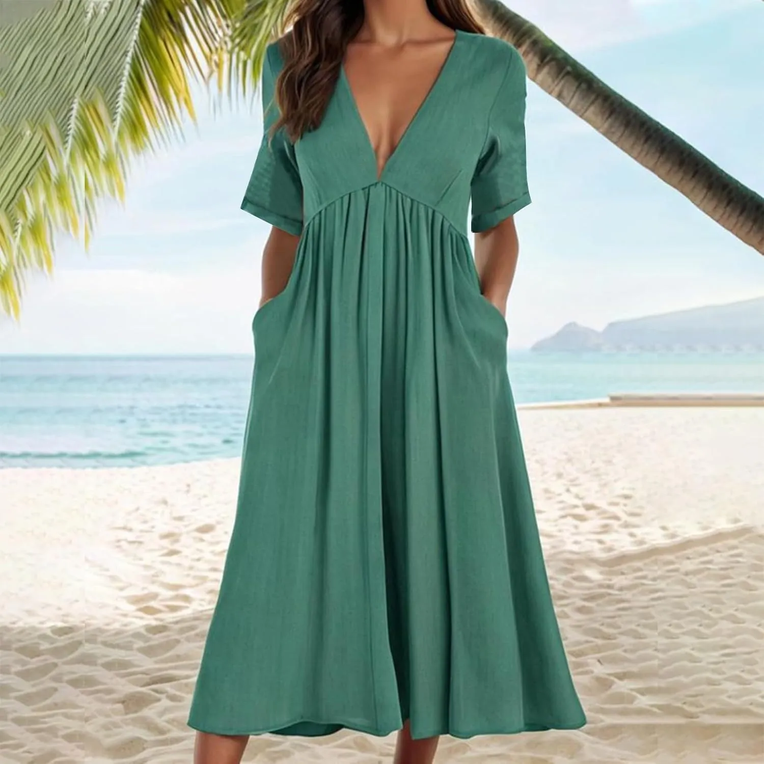 Sun Dresses for Women 2025 Summer Deep V Neck Drees Short Sleeve Boho Sundress Flowy Denim Maxi Dresses with Pockets