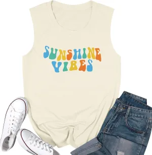 Sunshine Vibes Letter Print Vest T Shirt Women's Summer Sleeveless Graphic Tank Tops Casual Loose Workout Tees
