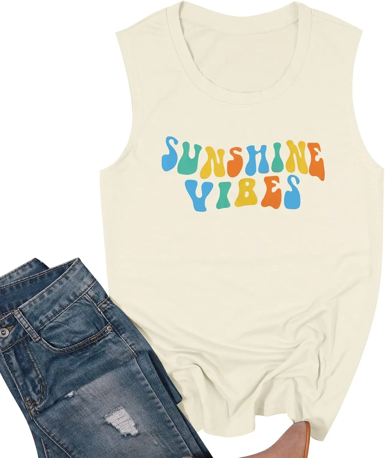 Sunshine Vibes Letter Print Vest T Shirt Women's Summer Sleeveless Graphic Tank Tops Casual Loose Workout Tees